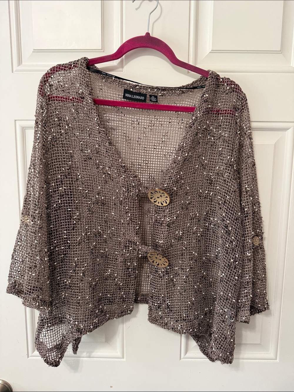 Nina Leonard Taupe Open-Knit Button Cardigan XL